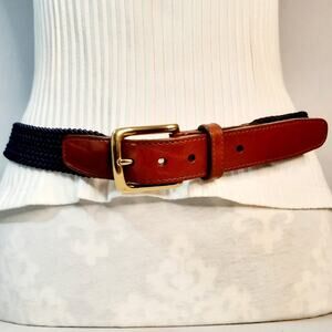 Lands End USA Made Belt 36 Waist Leather Ends Surcingle Navy Bungee Cord Weave